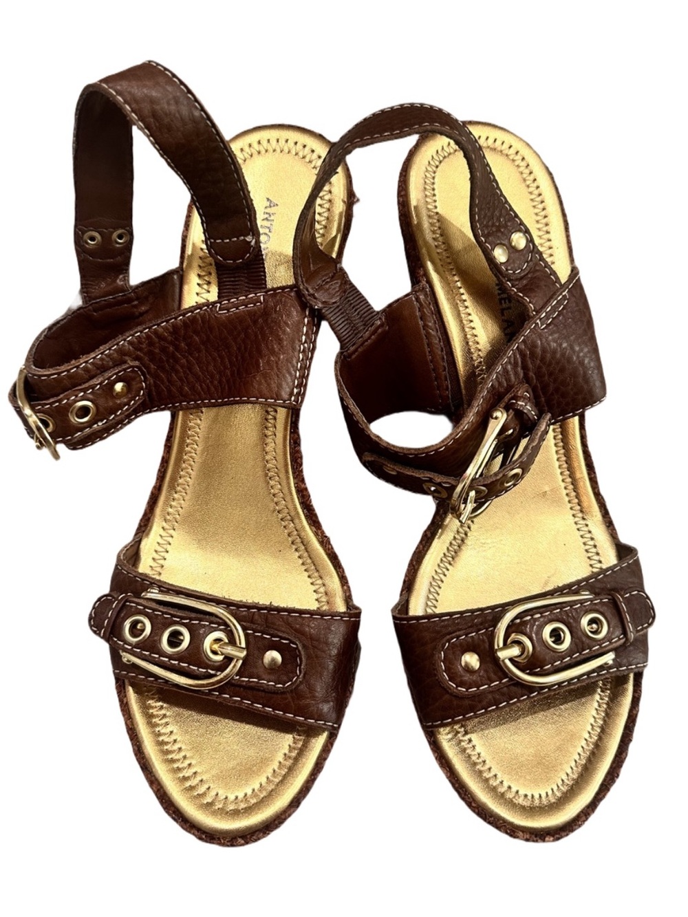 Brown Leather Buckle Sandals for Women Antonio Melanie Wedges 9.5